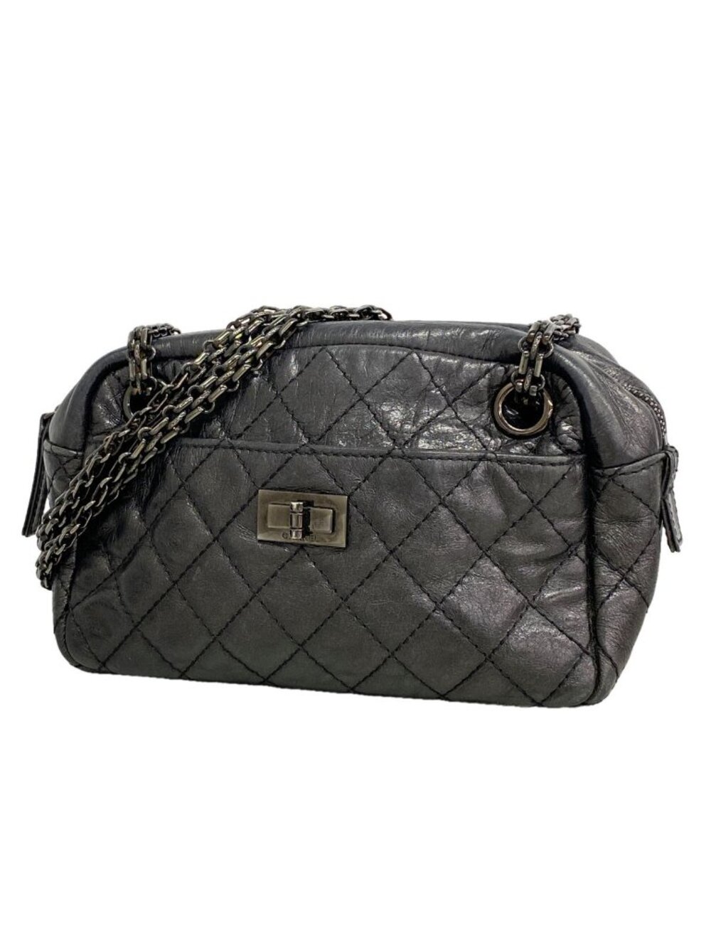 Chanel Shoulder Bag 2.55 Quilted Leather Black Silver